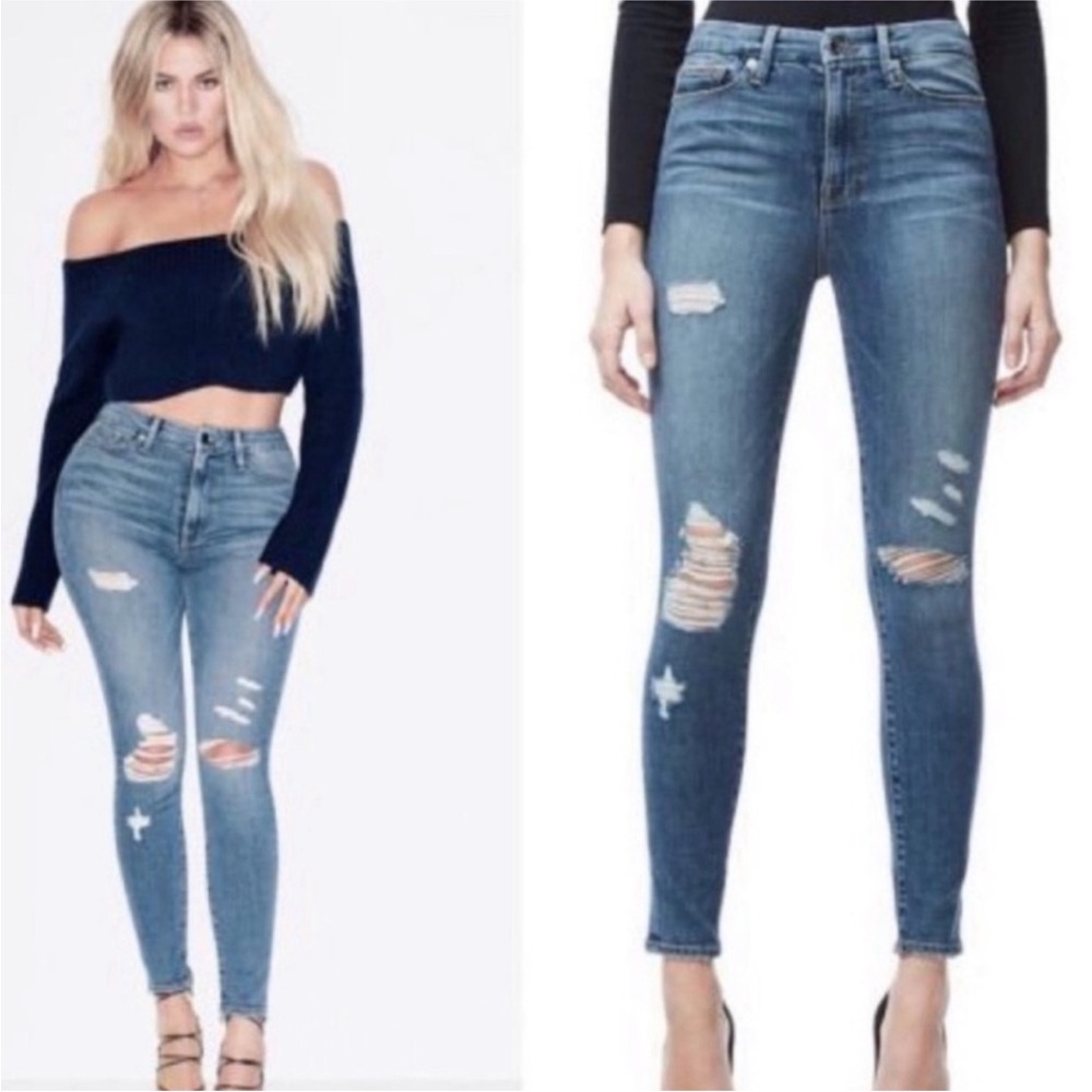Good American Good Waist Skinny Jeans Womens Distressed Stretch Denim